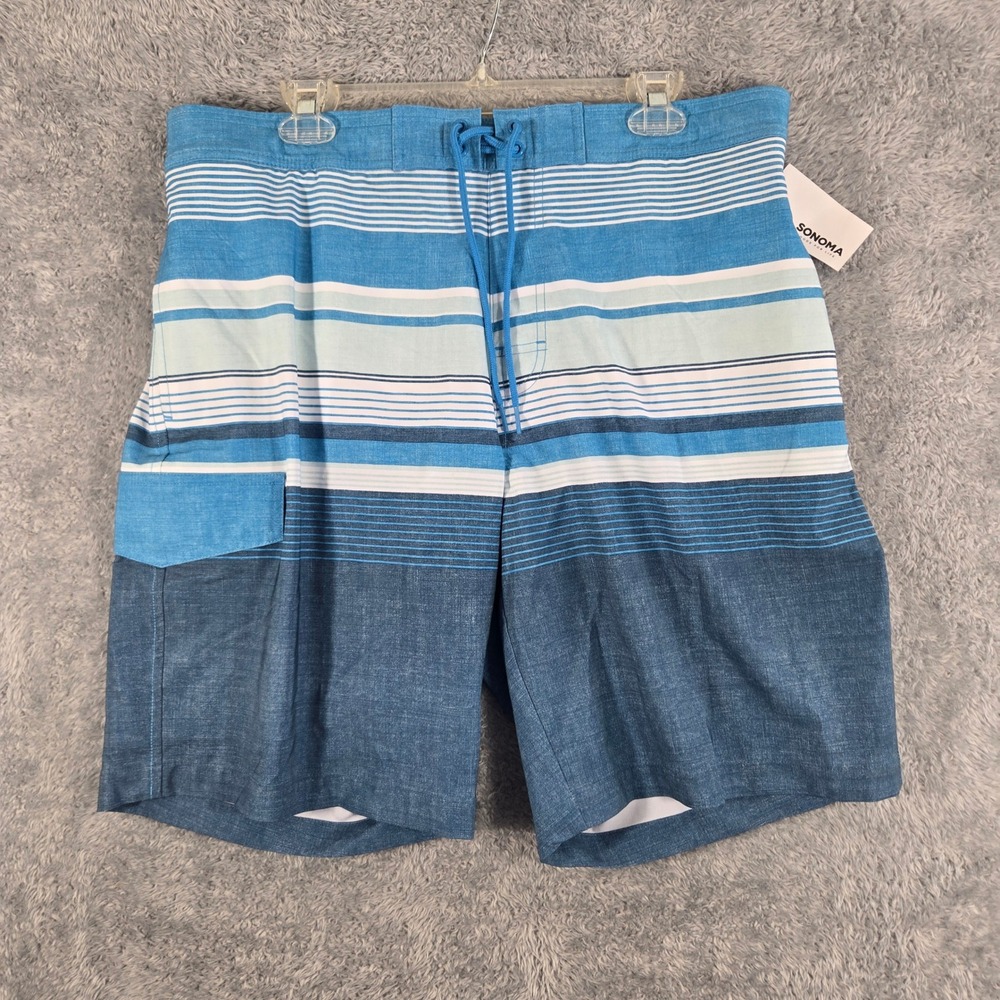 Sonoma Mens Blue Stripe Board Shorts Modern Fit 4-Way Stretch Swim Trunks Size L